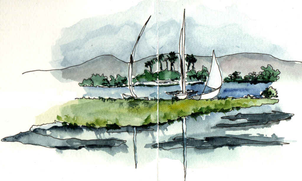 croquis aquarellé sur le Nil
